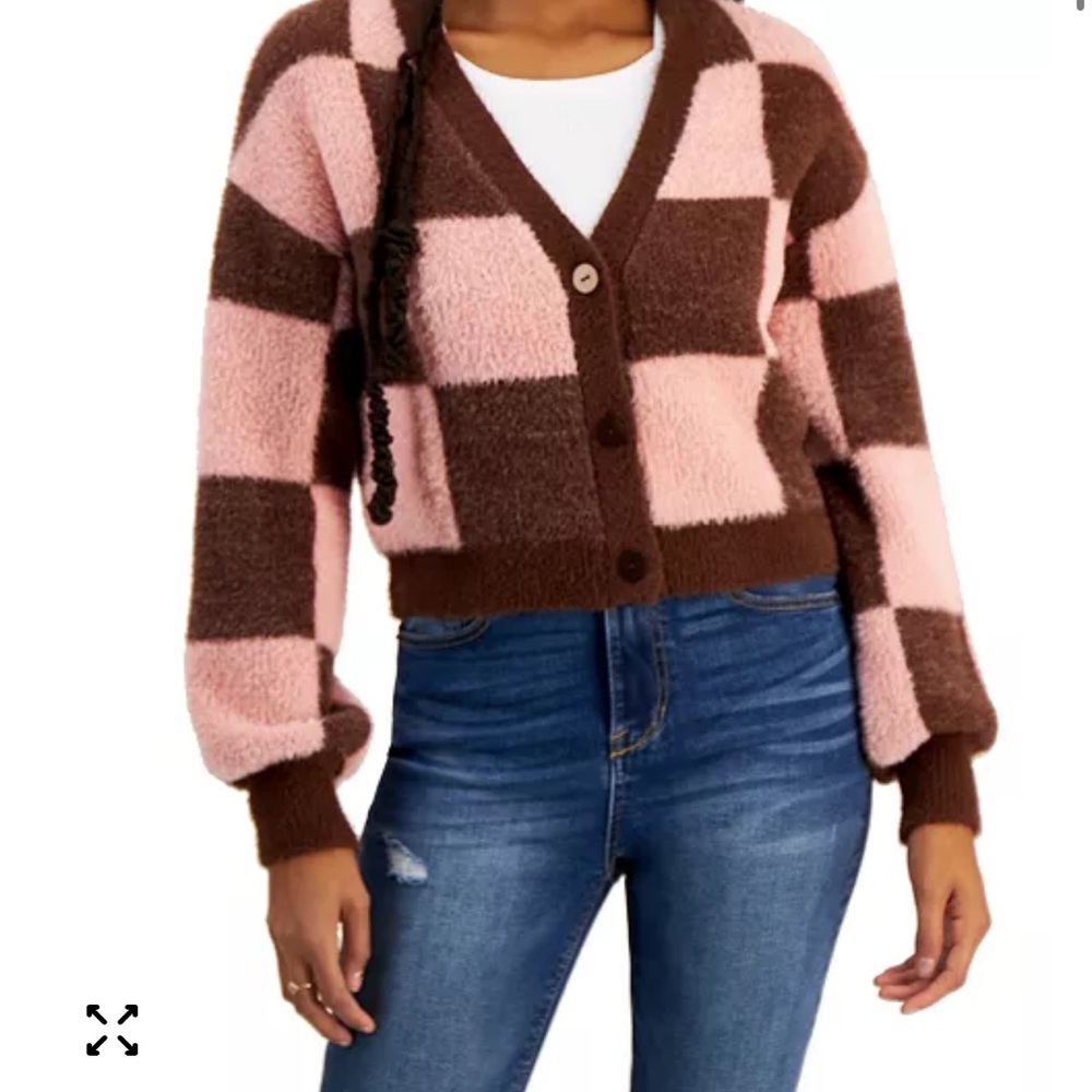 Pink and Brown Checkered Women's Sweater